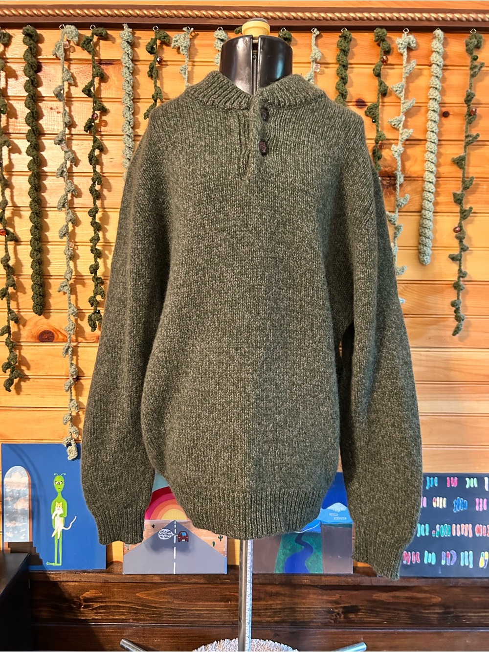L.L. Bean Men's Olive Green Zip-Neck Wool Sweater